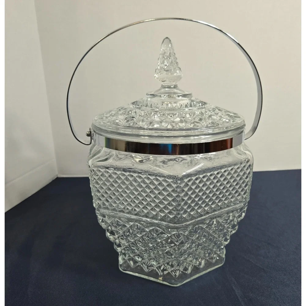 Vintage Anchor Hocking Wexford Pressed Glass Covered Ice Bucket w/Handle